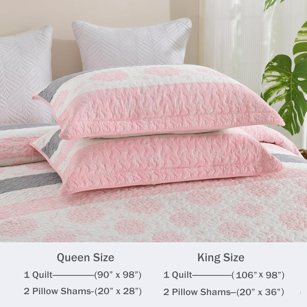 Homzard Floral Comforter King Size,Cotton King Size Quilt Sets,Pink White Grey Comforter Set,Farmhouse Striped Bedding Set,Lightweight Reversible 3 Piece Bedspread,All Season