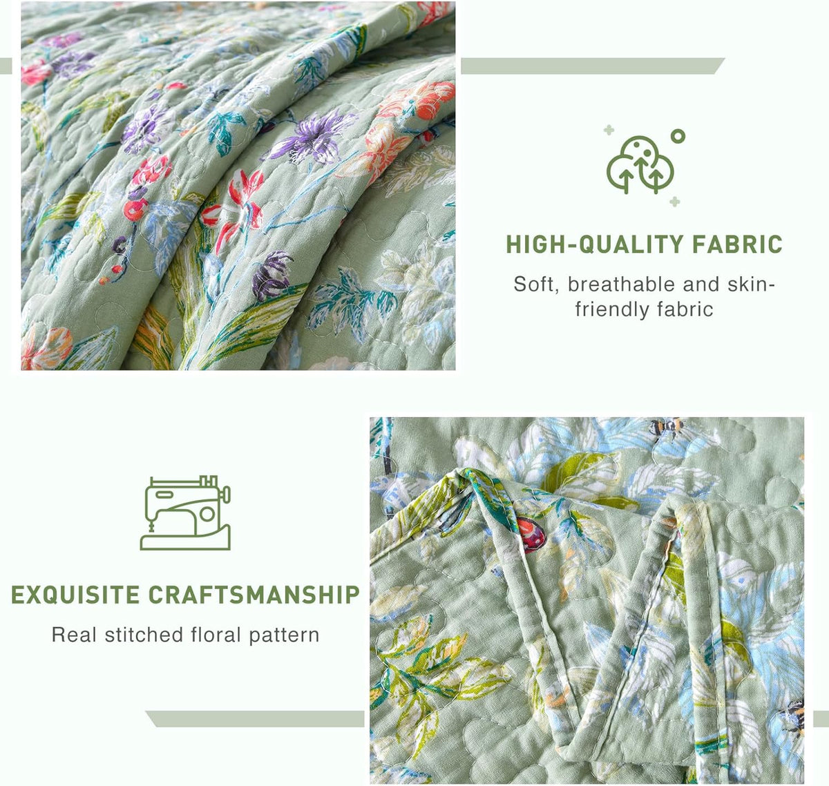 Lady Ann 100% Cotton Floral Cal King Quilt Set - Green Flower Bird Butterfly Pattern Print Quilted 118x106 Bedspread & Coverlet Set, 3 PCS Lightweight Extra Soft King Bedding Sets All Season