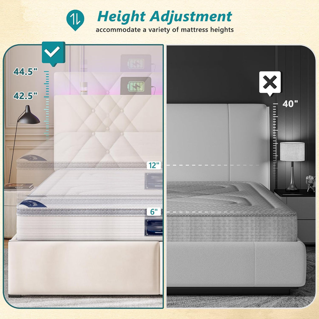 EnHomee Queen Bed Frame with 2 Drawers, Upholstered Headboard with Charging Station, Button Tufted Velvet Bed Frame and LED Lights, No Box Spring Needed,Easy Assembly，Beige