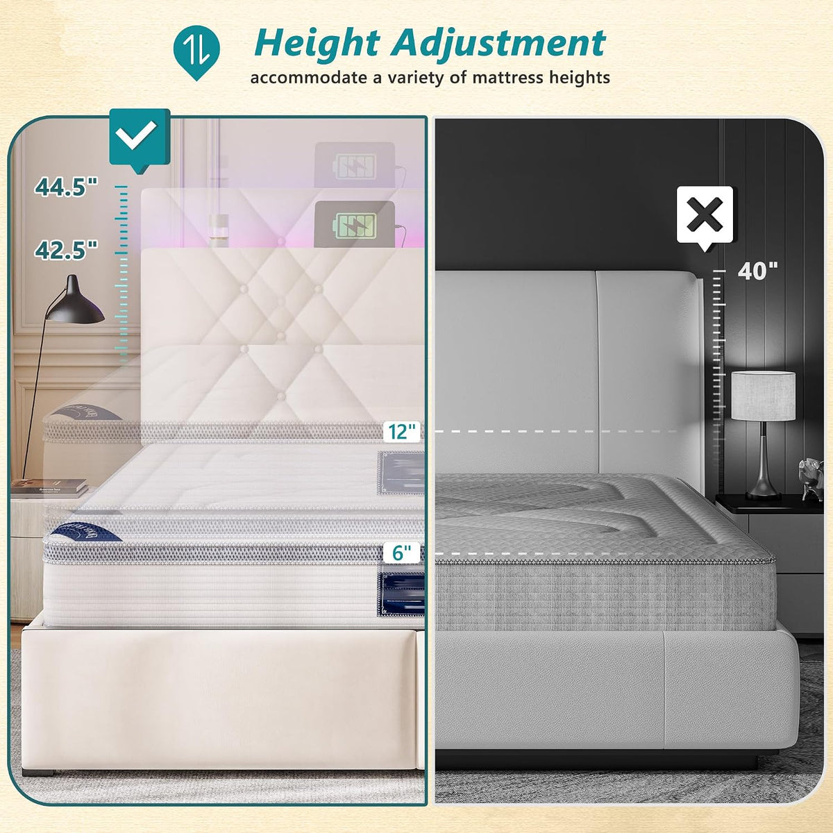 EnHomee Queen Bed Frame with 2 Drawers, Upholstered Headboard with Charging Station, Button Tufted Velvet Bed Frame and LED Lights, No Box Spring Needed,Easy Assembly，Beige