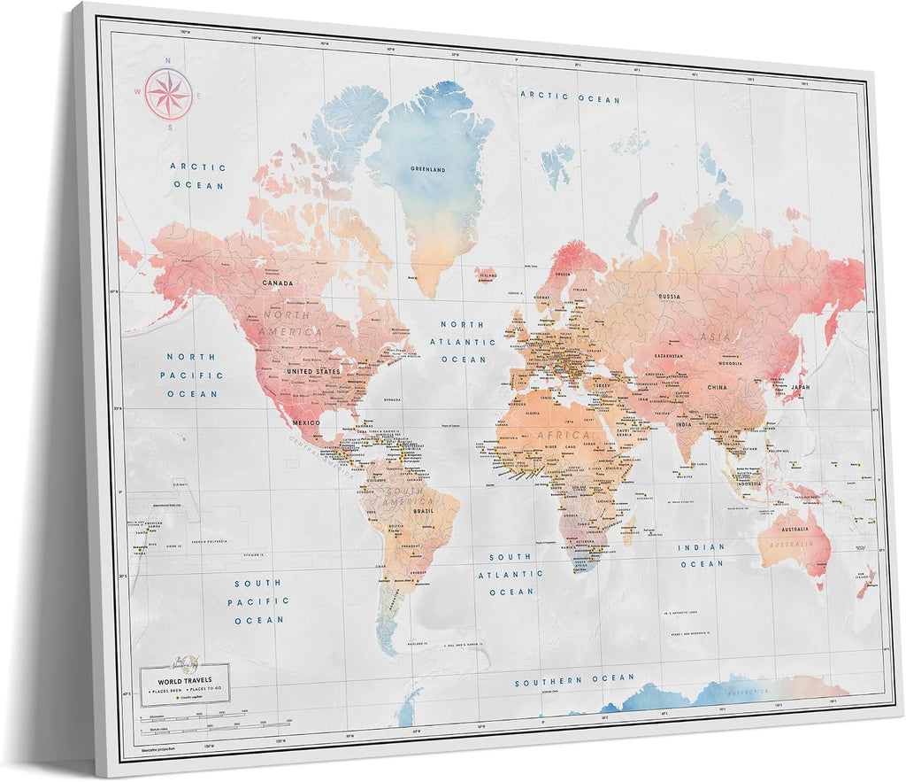 World Map Canvas with Pins: Explore Political or Tourist Destinations in 5 Colors. | Perfect Gift for Travelers' sized 22' x 16' | by Pin Adventure map (Soft Pastel, Political map)