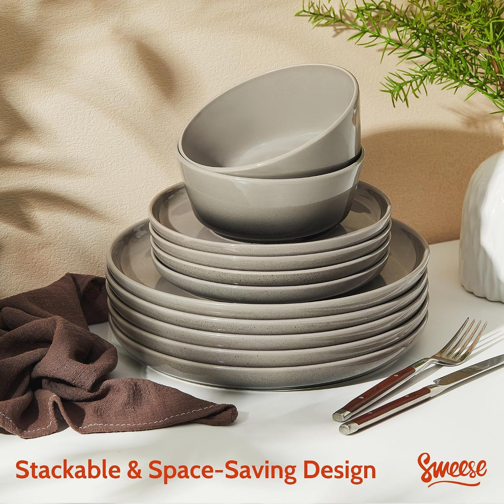 Sweese Porcelain Dinnerware Sets, Handpainted Plates and Bowls Set for 6, Scratch Resistant Dinner Set, Dishwasher and Oven Microwave Safe Dishes Set, Graphite Gray