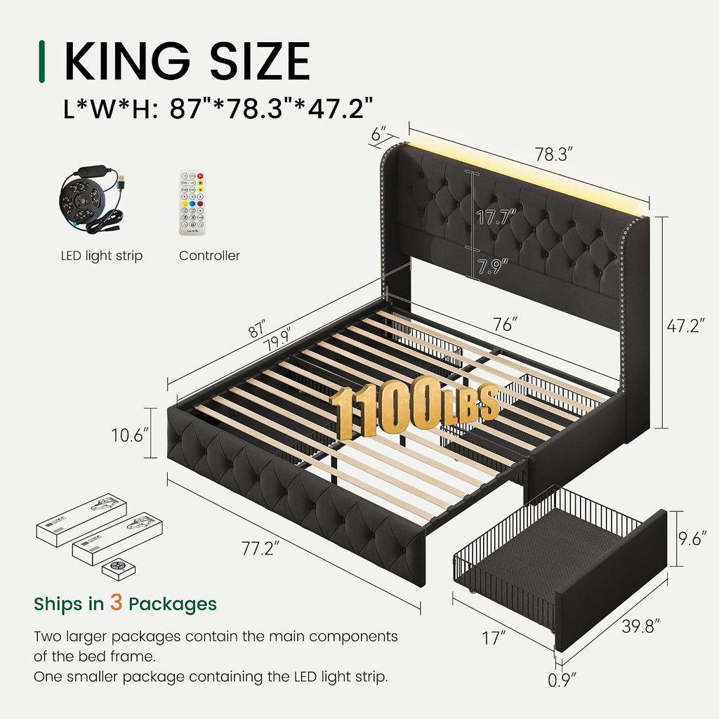 LARMACE King Size Bed Frame with LED Lights and 4 Storage Drawers Linen Upholstered Platform Bed Frame with 47.2' Tall Tufted Headboard Wingback, No Box Spring Needed, Easy to Assemble, Dark Grey