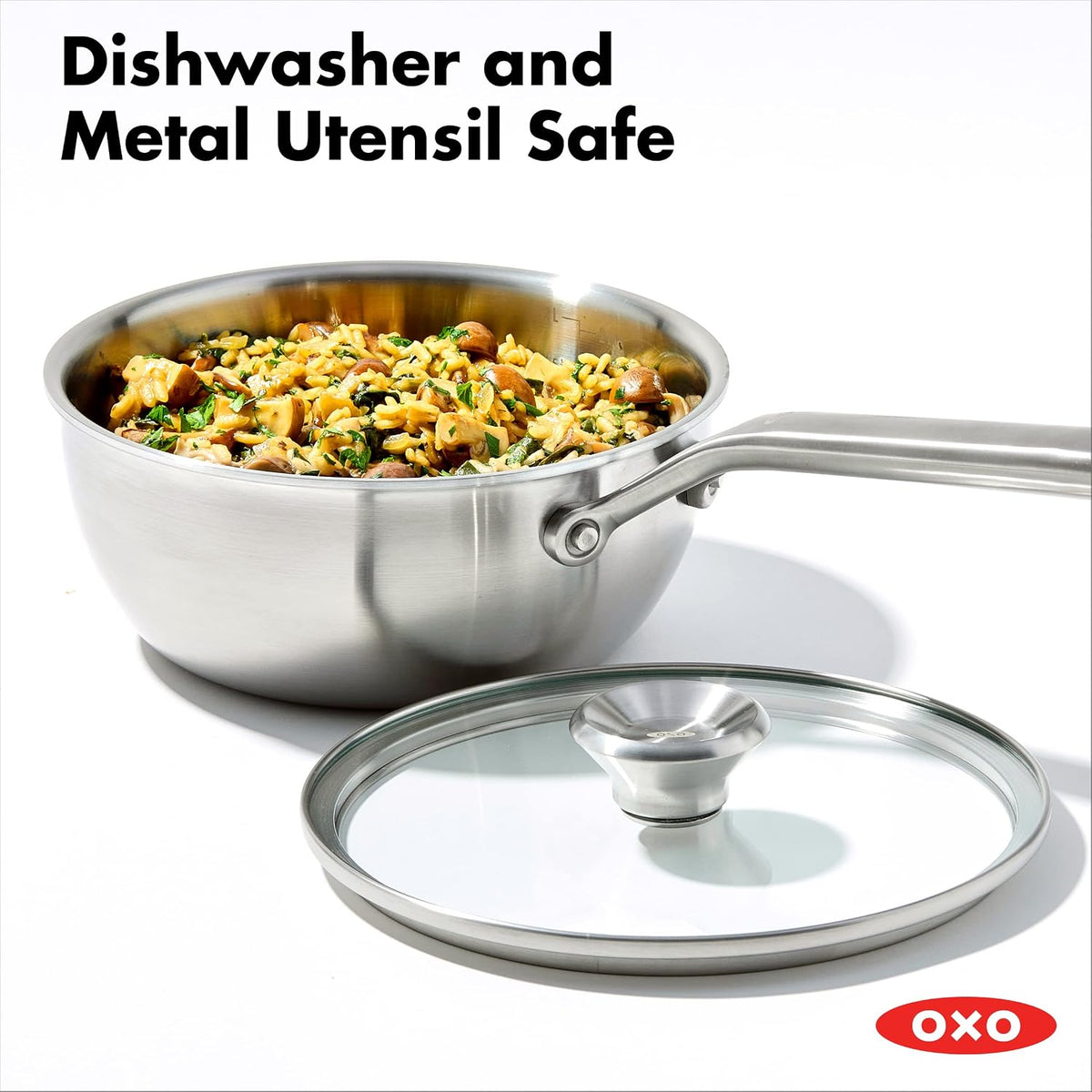 OXO Mira Tri-Ply Stainless Steel, 1.5QT and 3.57QT Chef's Pan Set with Lids, PFAS-Free, Multi Clad, Induction, Dishwasher Safe, Oven Safe, Silver
