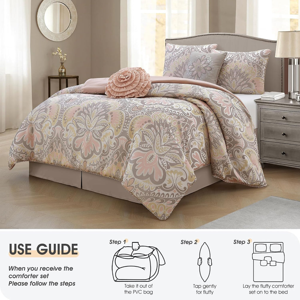LANCO MODERN LIFESTYLE Blush 6 Piece Comforter Set, Queen, Elegant Floral Jacquard, Ultra Soft Bed Set for All Seasons, Bed in a Bag, Include Comforter, Bed Skirt, Pillow Shams & Decor Pillows