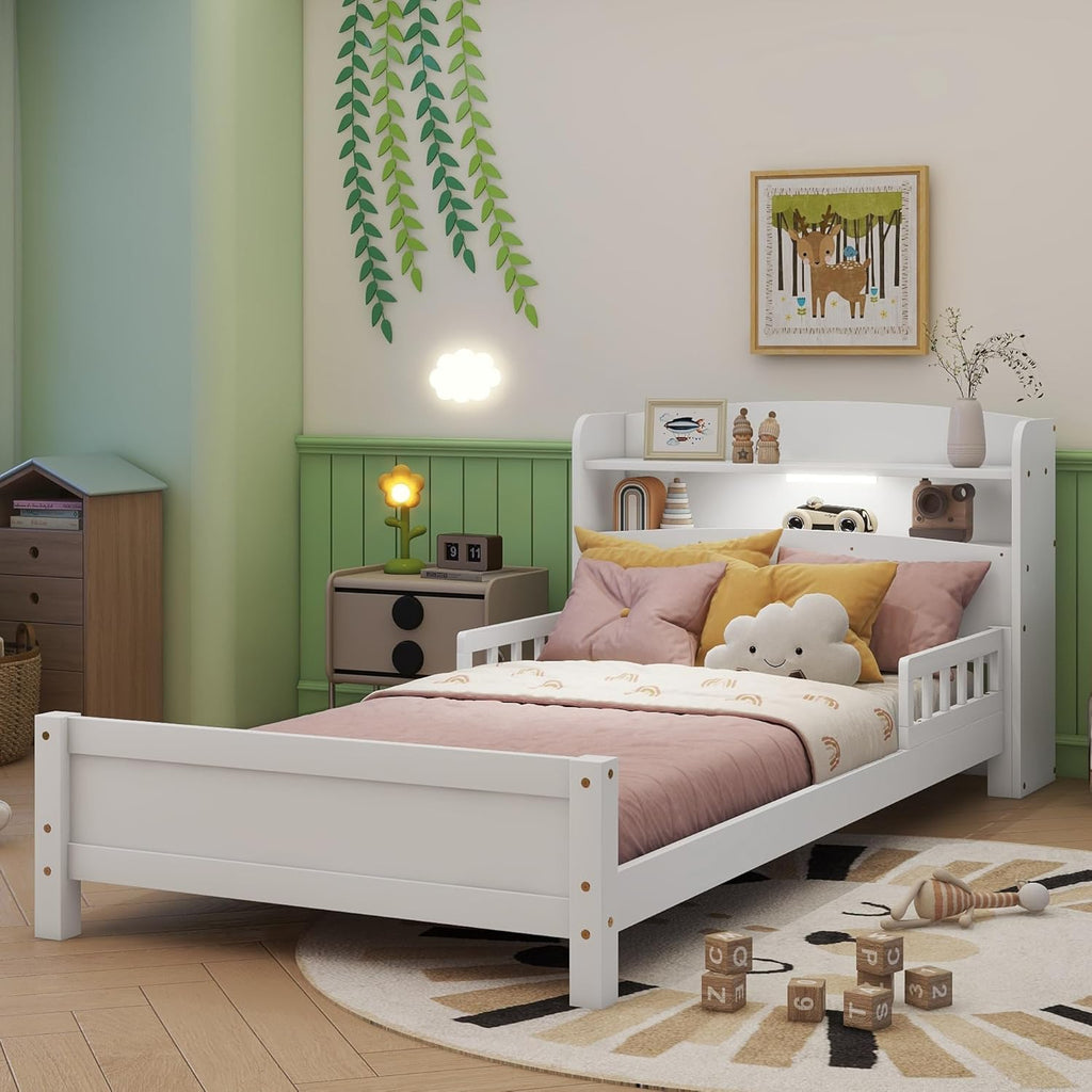 Twin Size Kids Bed, Twin Bed with Storage Bookcase & Headboard, Bed Frames with Rails & LED Motion Sensor Light, for Bedroom, for Boys & Girls, White