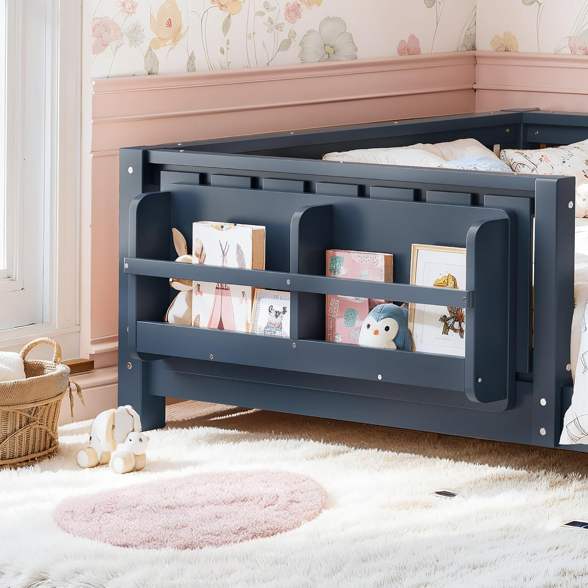 Bellemave Twin Floor Bed with Rails and Slats, Twin Size Montessori Floor Bed with Bookshelf and Fence, Easy Assemble Montessori Beds Frame for Girls, Boys, Blue