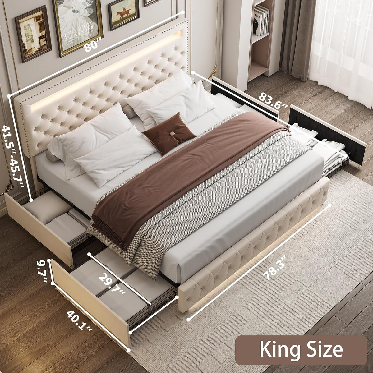 King LED Bed Frame with 4 Drawers, Platform Bed with Headboard, Adjustable Upholstered Diamond Headboard and Frame, No Box Spring Needed, Wooden Slats Support,Velvet Cream