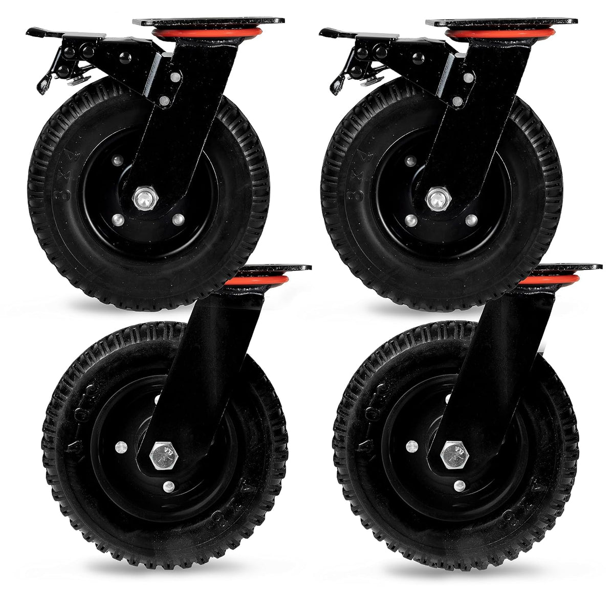 Iron Forge Tools 8 Inch Heavy Duty Swivel Knobby Casters Set of 4, 7-7/8'Diameter, Solid PU Knobby Tread Heavy Duty Caster Wheels, Swiveling Bases, Two Casters with Brakes, Two Without, Black & Red