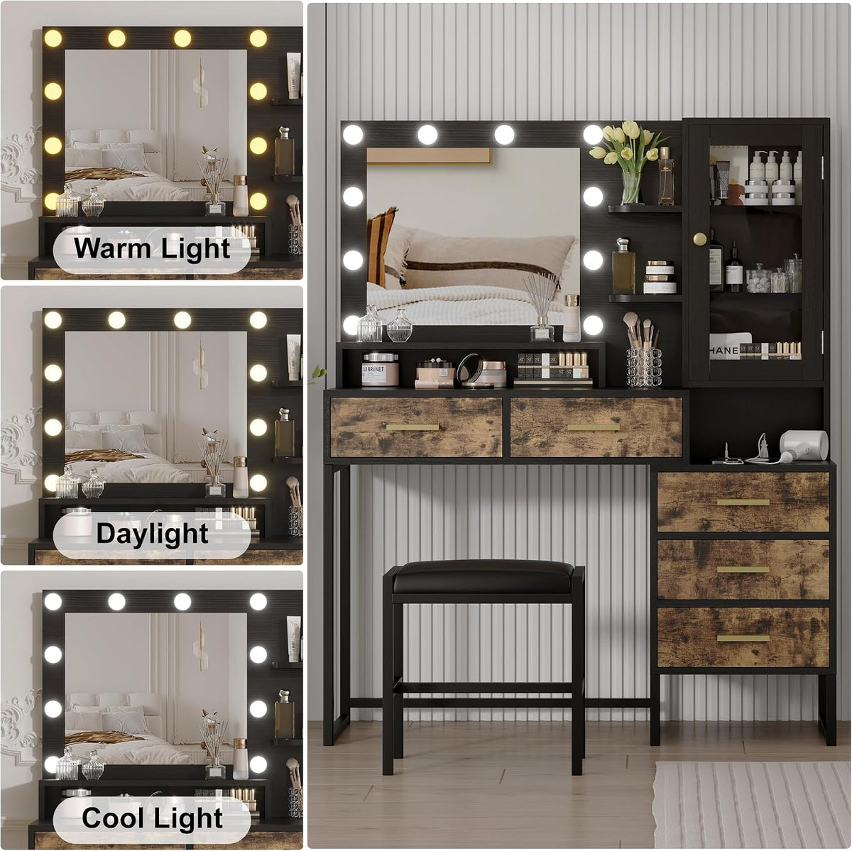 Vanity Desk with Mirror, Makeup Desk Set with 3 Color Lights and Chair, Modern Vanity Table with Drawers and Shevles, Dressing Table with Charging Station for Bedroom, Black