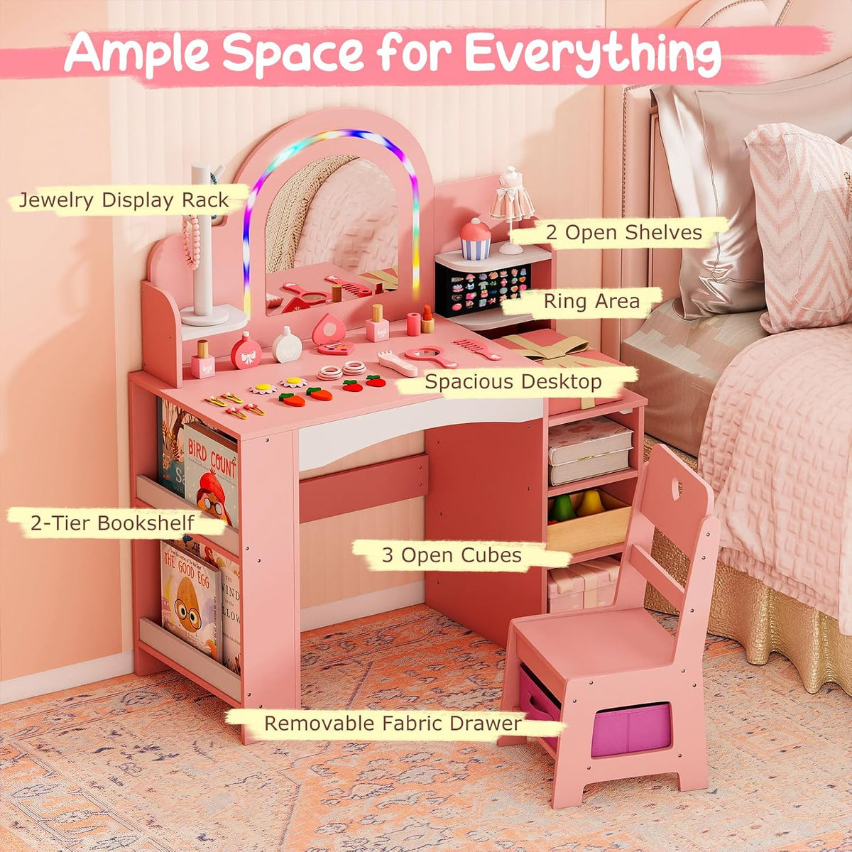 Costzon Kids Vanity, Girls Vanity Set with Lighted Mirror, Bookshelf, Jewelry Storage, Toddler Makeup Vanity Desk Dressing Table, Wooden Kids Vanity Table and Chair Set (Pink)