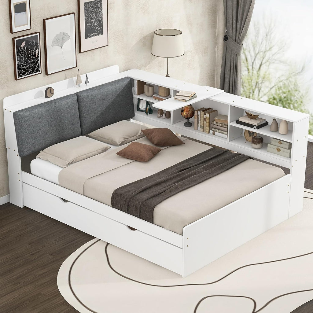 Merax Corner Full Bed Frame, Wood Platform Bed with Storage Headboard, Full Size Daybed with Trundle and Rotatable Storage Board for Living Room,Bedroom,Guest Room,White