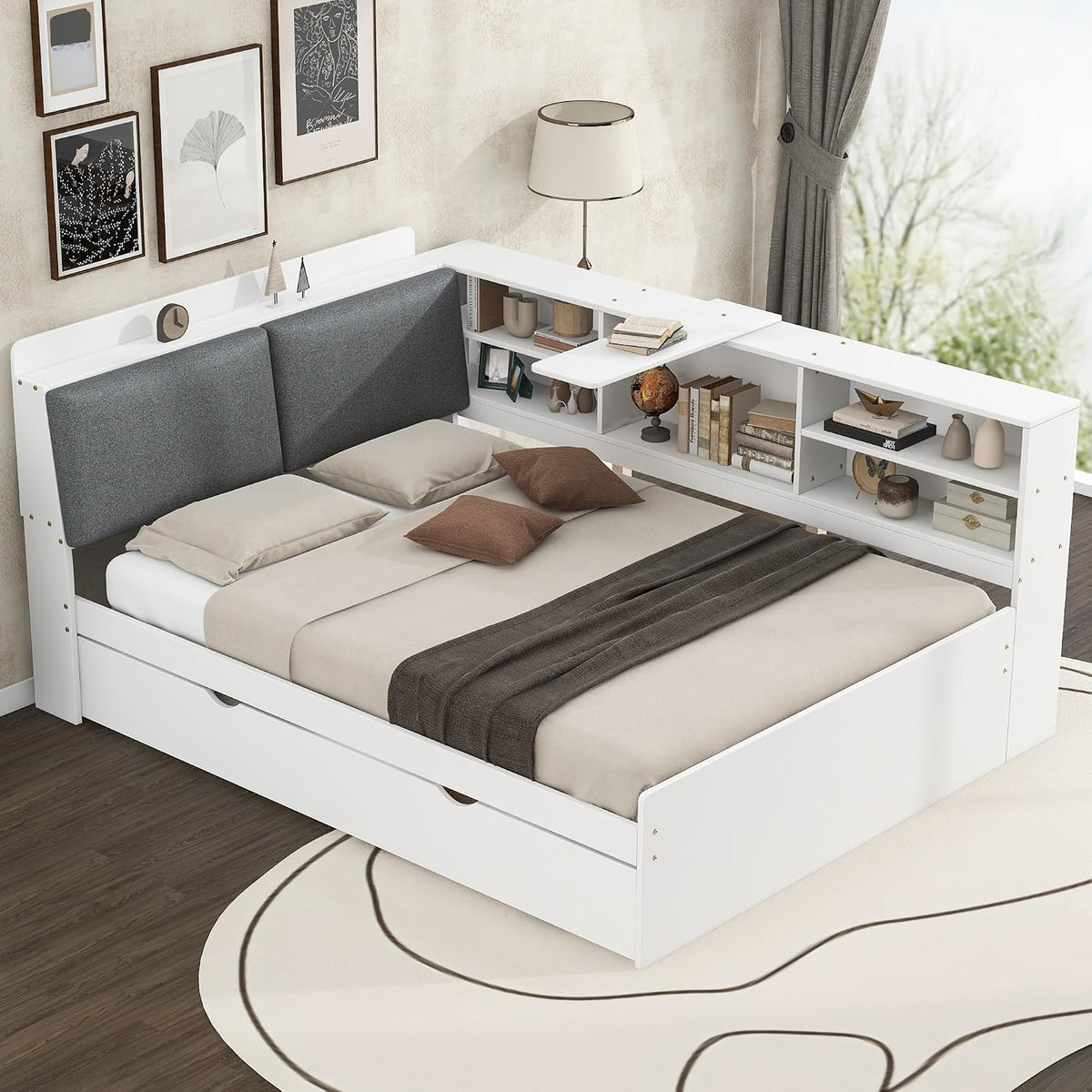 Merax Corner Full Bed Frame, Wood Platform Bed with Storage Headboard, Full Size Daybed with Trundle and Rotatable Storage Board for Living Room,Bedroom,Guest Room,White