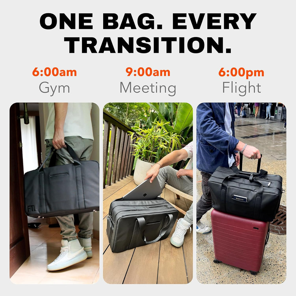 The FTL Pro Mens Travel Bag - 30L Premium Work to Gym Weekender Duffel with Garment Bag, Shoe Space & 18' Laptop Sleeve - Organized Athletic Business Carry On Hybrid, Fits Under Airplane Seat - Black