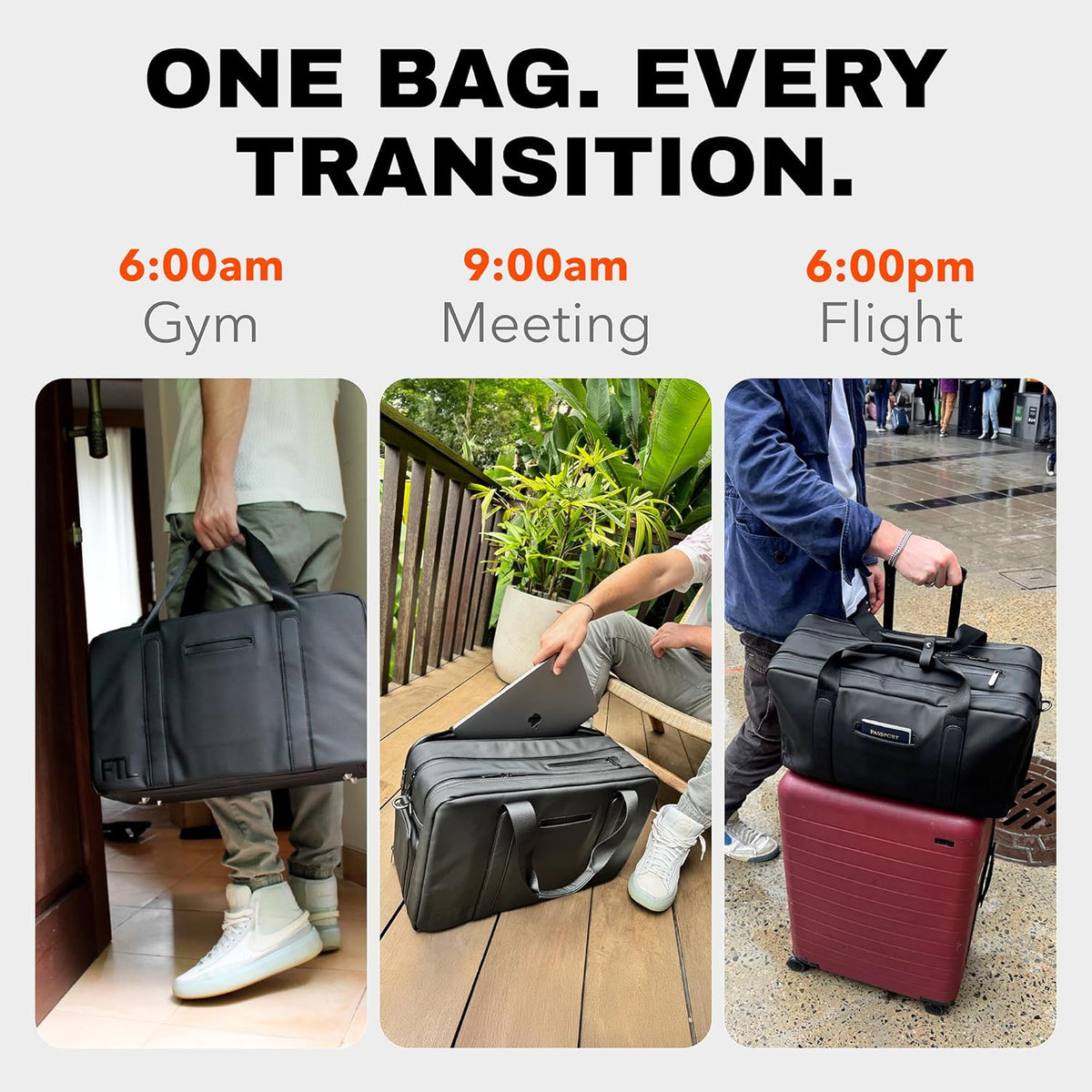 The FTL Pro Mens Travel Bag - 30L Premium Work to Gym Weekender Duffel with Garment Bag, Shoe Space & 18' Laptop Sleeve - Organized Athletic Business Carry On Hybrid, Fits Under Airplane Seat - Black