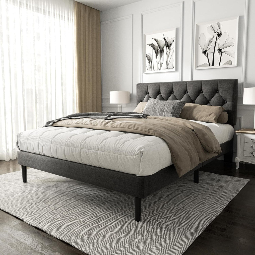 HAOARA Full Size Platform Bed Frame with Upholstered Button Tufted Headboard, Mattress Foundation with Wooden Slat Support, Noise Free, No Box Spring Needed, Easy Assembly, Dark Grey