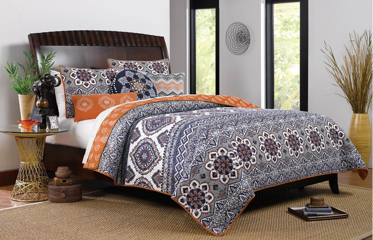 Boho Chic Moroccan Paisley Pattern Grey Orange Cotton 3 Piece Full/Queen Size Quilt Bedding Set