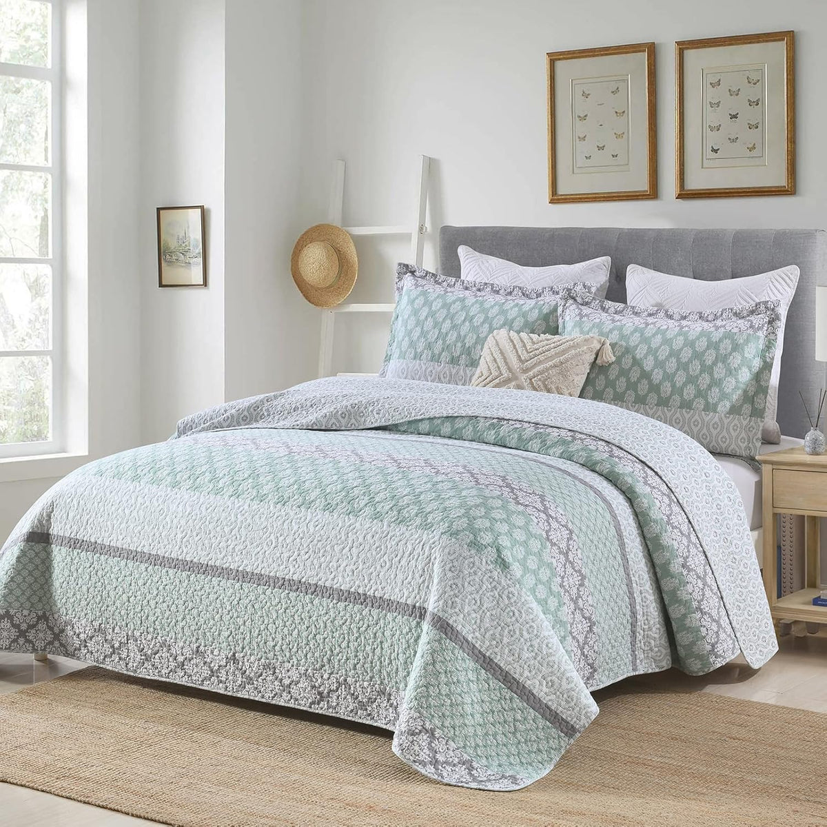 SahSahCasa Quilt King Size, King Quilt Set, 100% Cotton Floral Quilt, King Quilt Bedding Set Bedspreads, Patchwork Reversible Lightweight Comforter Bed Spread for All Season, Green/Gray