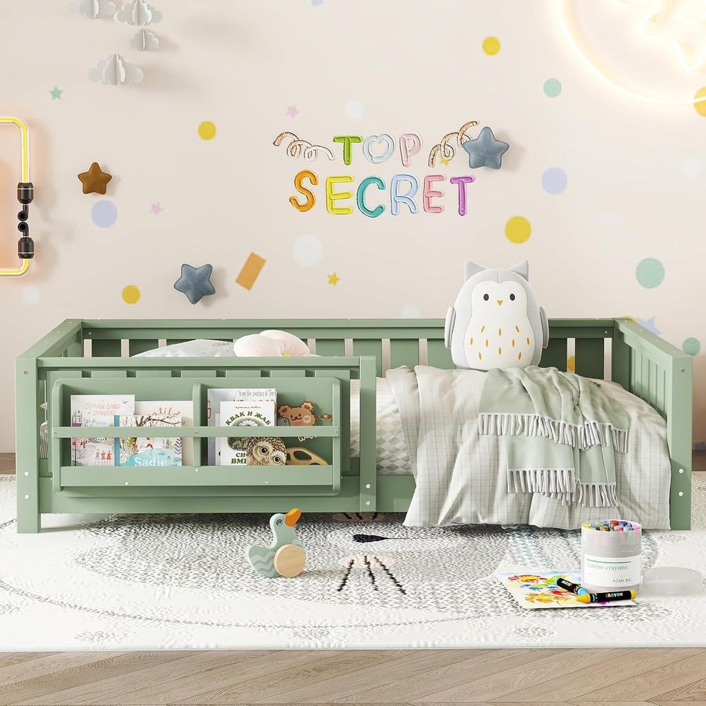Bellemave Twin Floor Bed with Rails and Slats, Twin Size Montessori Floor Bed with Bookshelf and Fence, Easy Assemble Montessori Beds Frame for Girls, Boys, Avocado Green