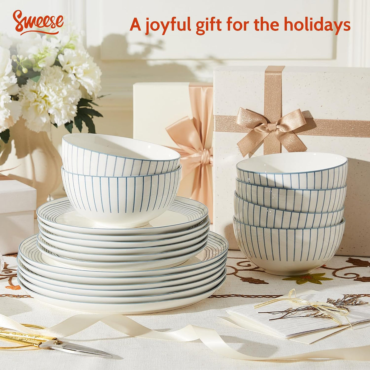 Sweese Lightweight Dinnerware Sets, Plates and Bowls Set for 6, 18 Pieces Stripe Dishes - Chip and Scratch Resistant, Microwave and Dishwasher Safe Porcelain Dinner Sets, Blue