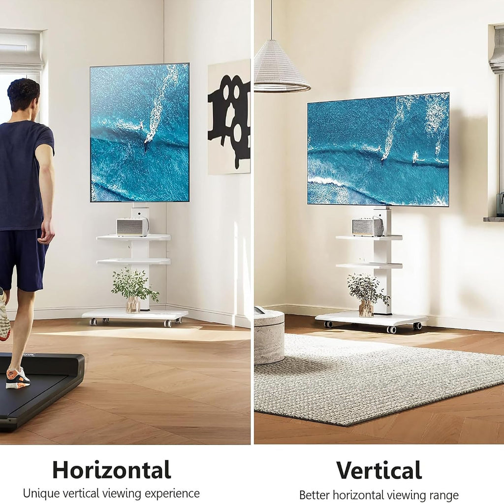 FITUEYES Rolling TV Stand for 32-75 Inch TVs - Height Adjustable Portable TV Stand on Wheels, 20 Degree Left/Right Swivel and 90 Degree Vertical and Horizontal Rotation up to 88lbs