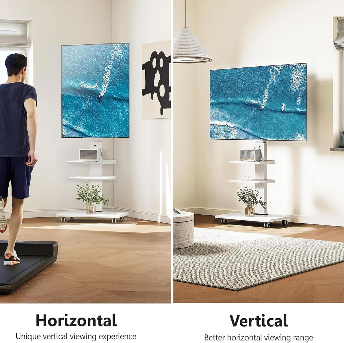 FITUEYES Rolling TV Stand for 32-75 Inch TVs - Height Adjustable Portable TV Stand on Wheels, 20 Degree Left/Right Swivel and 90 Degree Vertical and Horizontal Rotation up to 88lbs