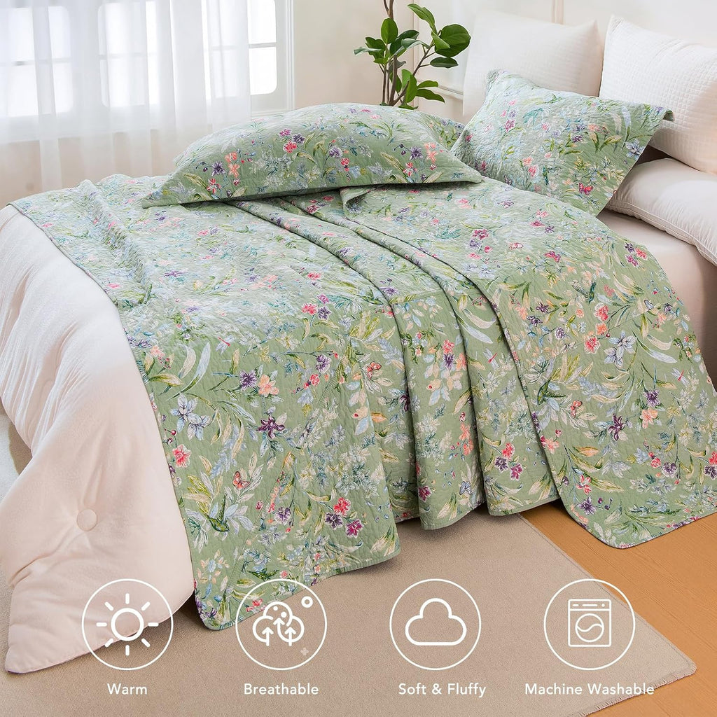 Lady Ann 100% Cotton Floral Oversized Queen Quilt Set - Green Flower Bird Butterfly Pattern Print Quilted 102x118 Bedspread & Coverlet Set, 3 PCS Lightweight Extra Soft Queen Bedding Sets All Season
