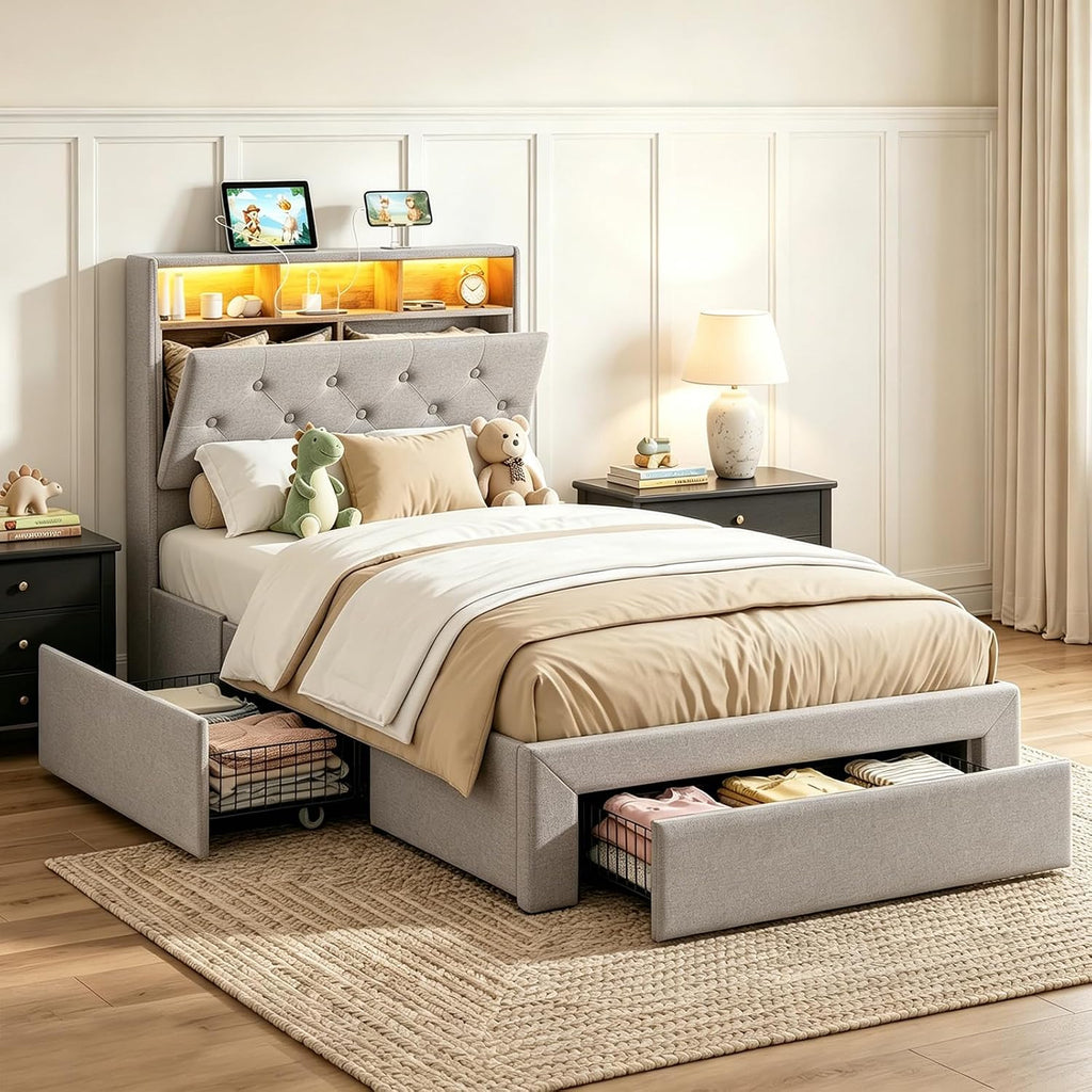 IKIFLY Twin XL Bed Frames with Hidden Storage Headboard & Drawers, Upholstered Twin XL Platform Bed with LED Lights & Charging Station, Solid and Stable, Noise Free, No Box Spring Needed, Light Grey