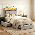 IKIFLY Twin XL Bed Frames with Hidden Storage Headboard & Drawers, Upholstered Twin XL Platform Bed with LED Lights & Charging Station, Solid and Stable, Noise Free, No Box Spring Needed, Light Grey