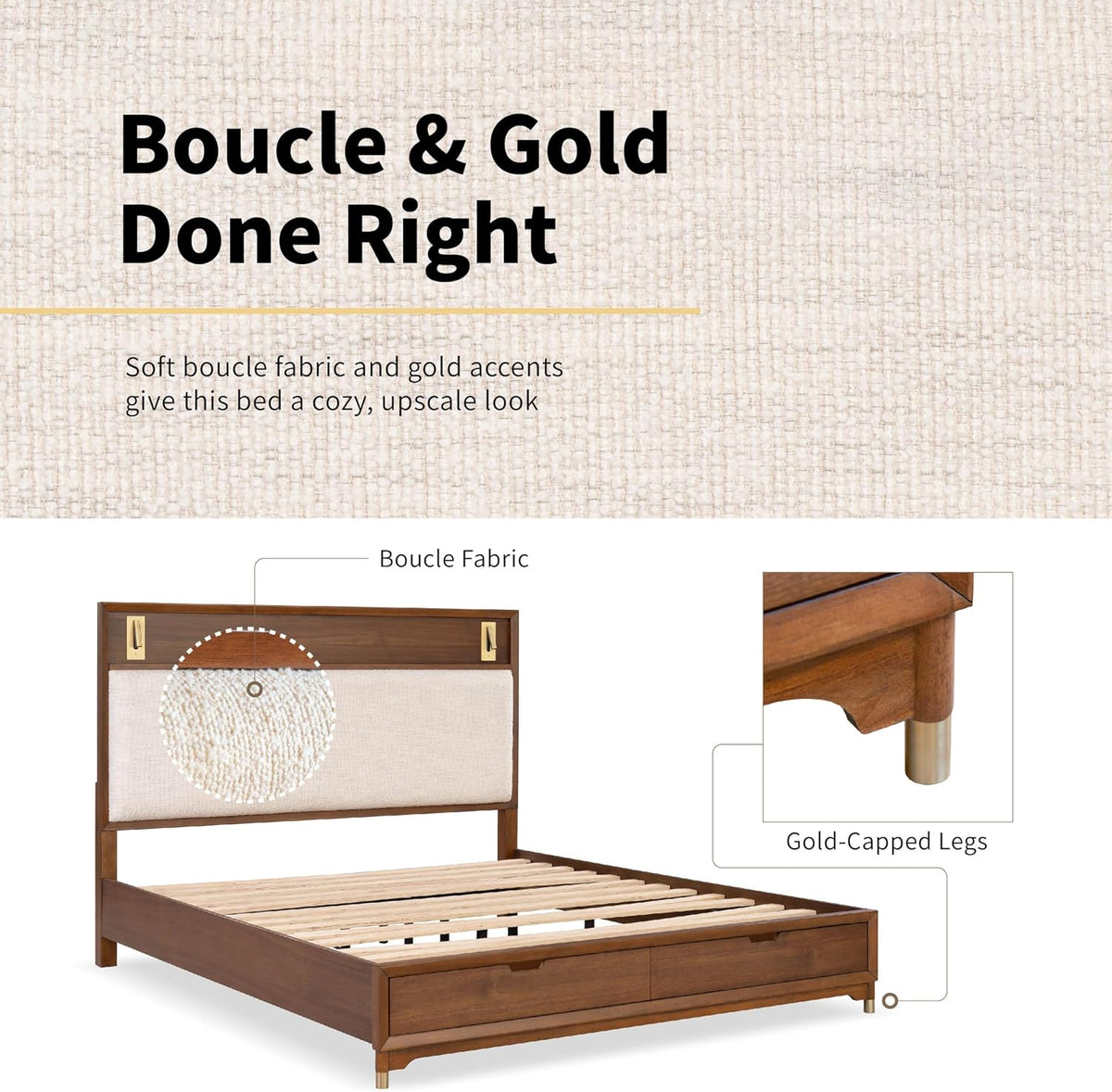 Furniture of America Forma Modern Solid Wood 4-Piece Bedroom Set with Storage Bed with LED Lights, Ball-Bearing Glide on Nightstand and Dresser with Mirror, No Box Spring Needed, King, Walnut