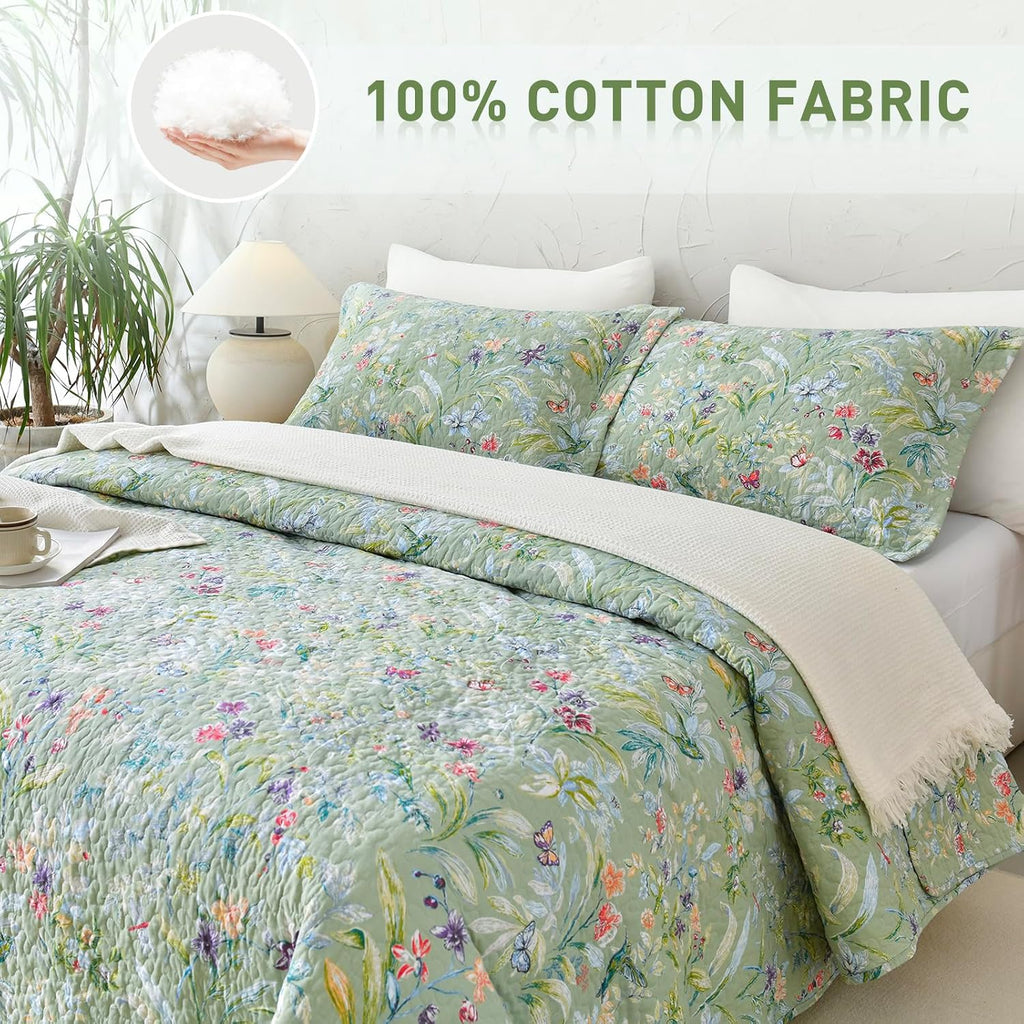 Lady Ann 100% Cotton Floral Cal King Quilt Set - Green Flower Bird Butterfly Pattern Print Quilted 118x106 Bedspread & Coverlet Set, 3 PCS Lightweight Extra Soft King Bedding Sets All Season