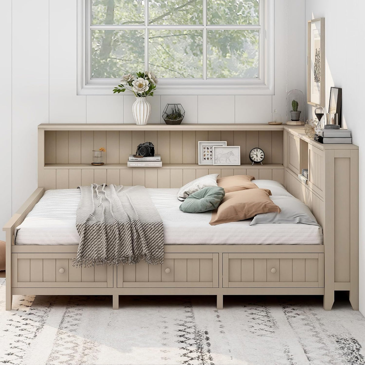 Merax Corner Full Bed Frame with Bookcase Storage, Wood Platform Bed Frame with 3 Drawers, Full Size Daybed with Storage for Living Room,Bedroom,Guest Room, Antique White