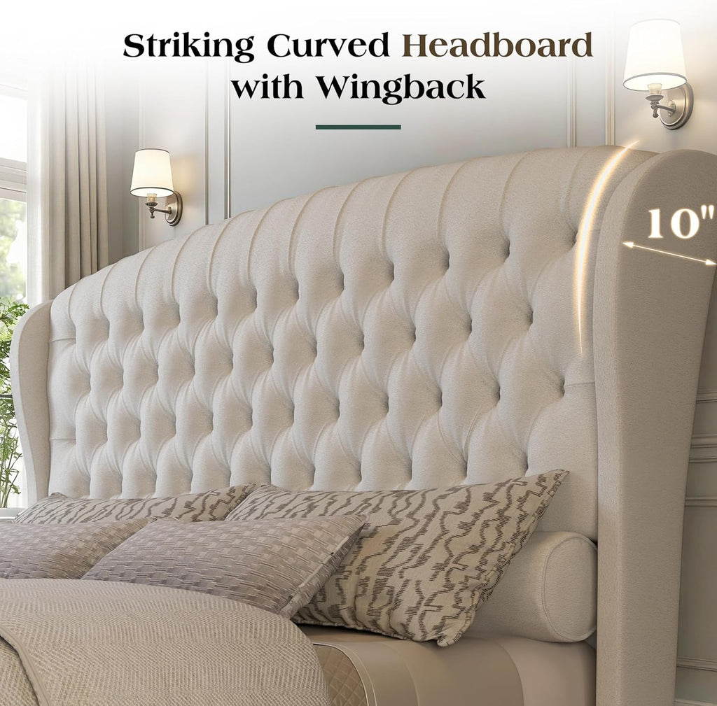 LUXOAK King Size Platform Bed Frame, Chenille Upholstered Sleigh Bed with Curved Headboard & Footboard, Deep Button Tufted, Wood Slats Support, No Box Spring Needed, Cream