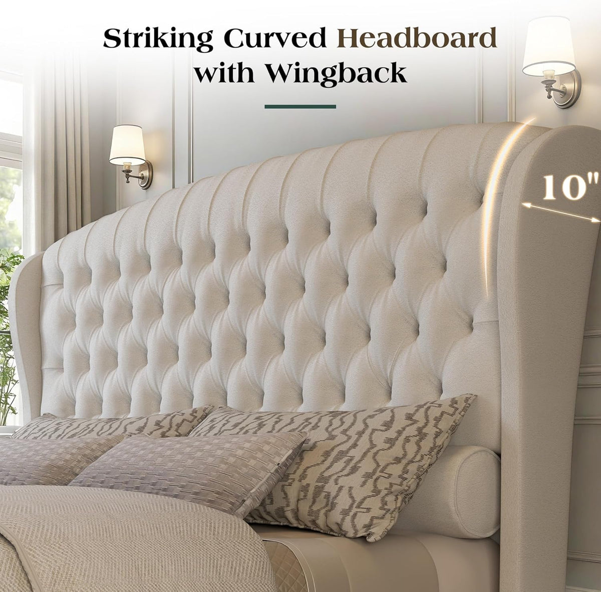 LUXOAK King Size Platform Bed Frame, Chenille Upholstered Sleigh Bed with Curved Headboard & Footboard, Deep Button Tufted, Wood Slats Support, No Box Spring Needed, Cream