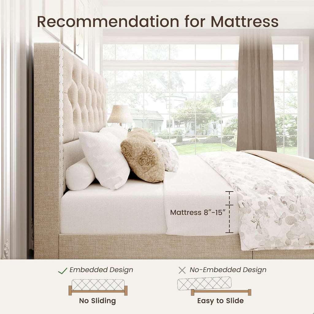 BRELTAM Full Size Bed Frame with 4 Storage Drawers and Tufted Headboard Linen Upholstered Platform Bed Frame with Heavy Duty Wood Slats, No Box Spring Needed, Beige