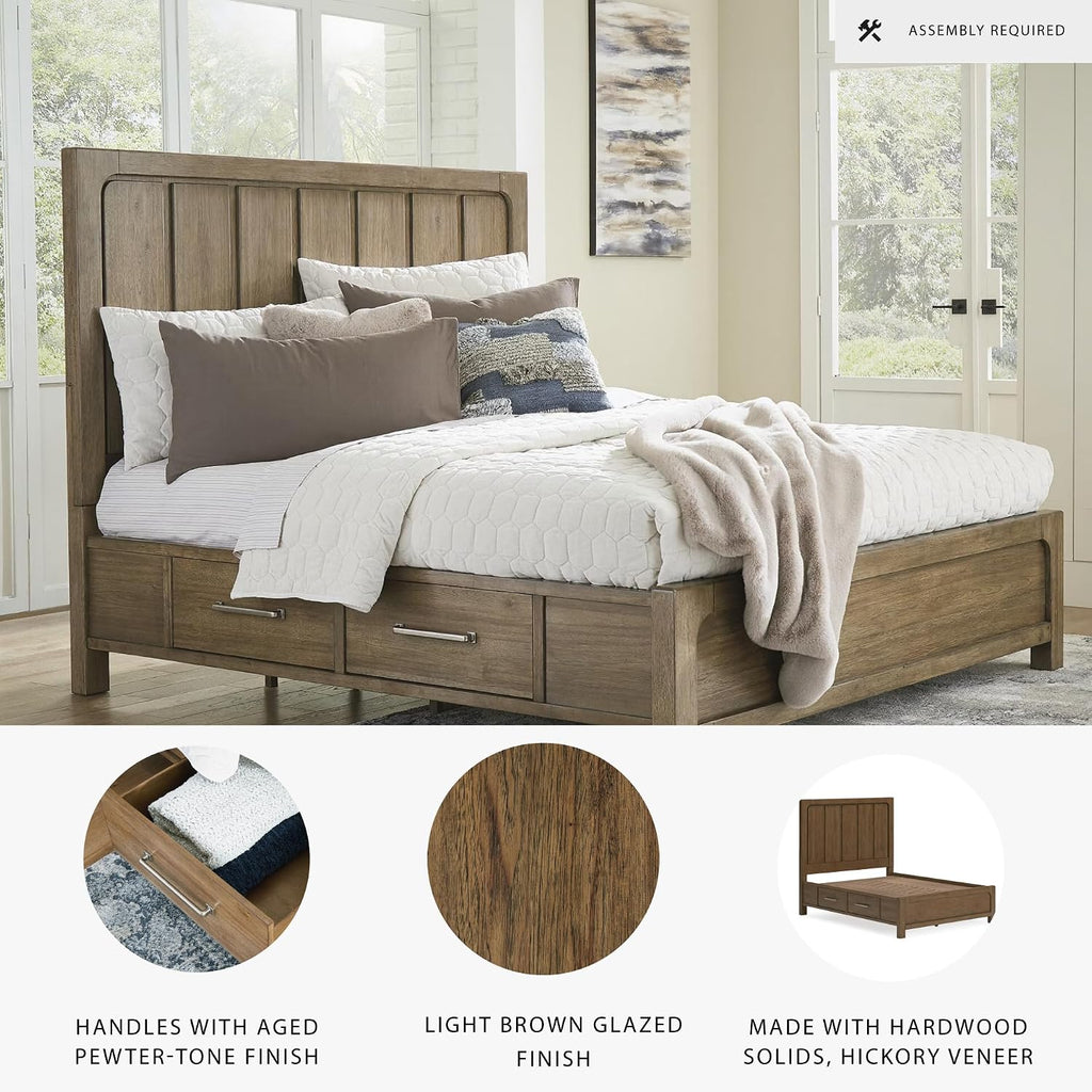 Signature Design by Ashley Cabalynn Modern 4-Drawer King Platform Bed with Storage, Foundation or Box Spring Not Needed, Light Brown