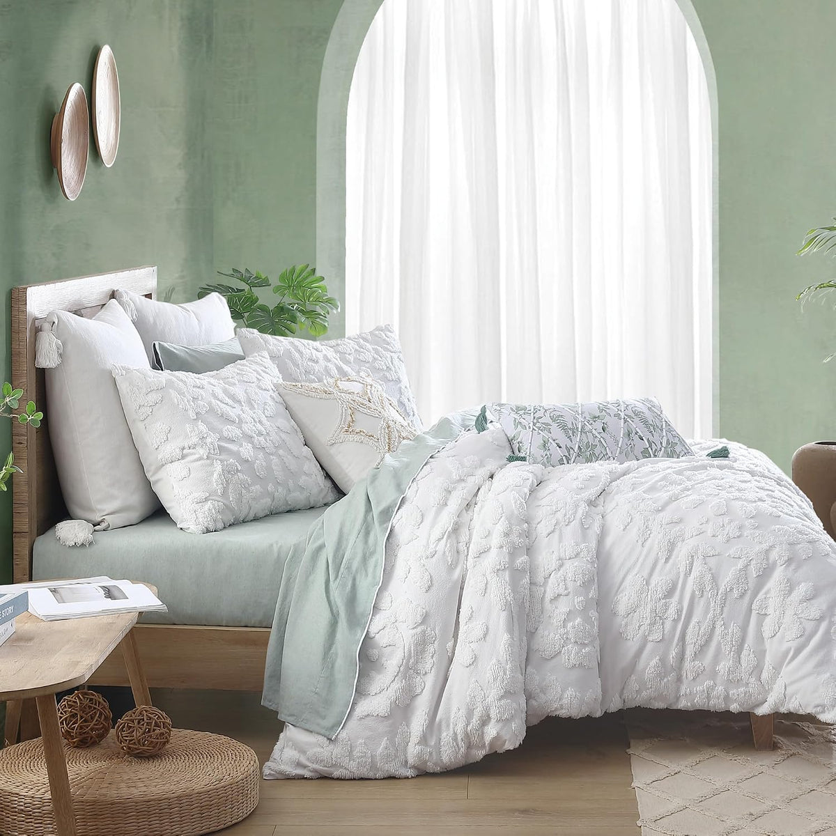 Peri Home 100% Cotton 3-Piece Duvet Cover and Sham Set, Full/Queen, White Chenille Laurel