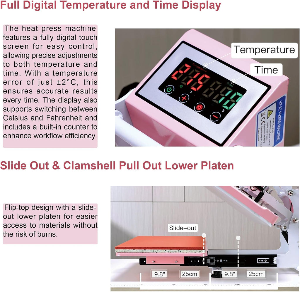 12' x 15' Semi-auto Heat Press Machine for T-Shirts, Auto Open & Slide-Out Base, Clamshell Style, Digital Sublimation Printer for Vinyl, DIY & Small Business (Pink, L12 * W15)