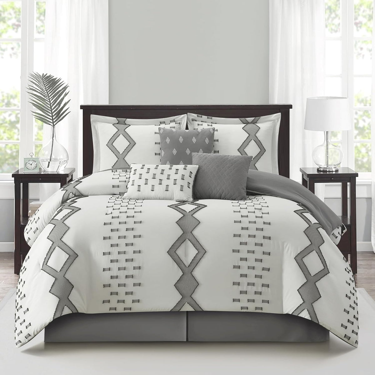 Grand Avenue 7 Piece White Grey Comforter Set, King Size Clipped Bedding Set, All Season Geometric Bedding, Matching Pillows, Shams, Bed Skirt