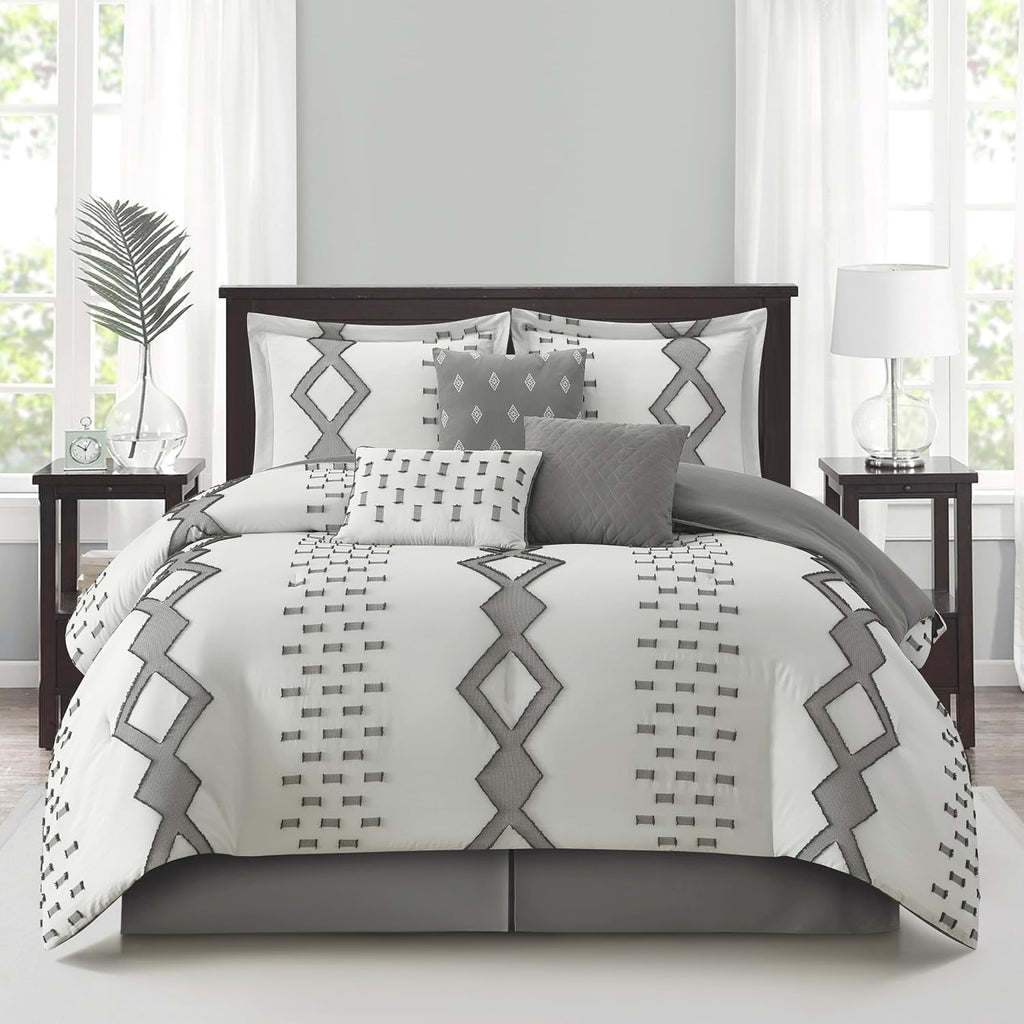 Grand Avenue 7 Piece White Grey Comforter Set, California King Size Clipped Bedding Set, All Season Geometric Bedding, Matching Pillows, Shams, Bed Skirt