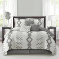 Grand Avenue 7 Piece White Grey Comforter Set, Queen Size Clipped Bedding Set, All Season Geometric Bedding, Matching Pillows, Shams, Bed Skirt