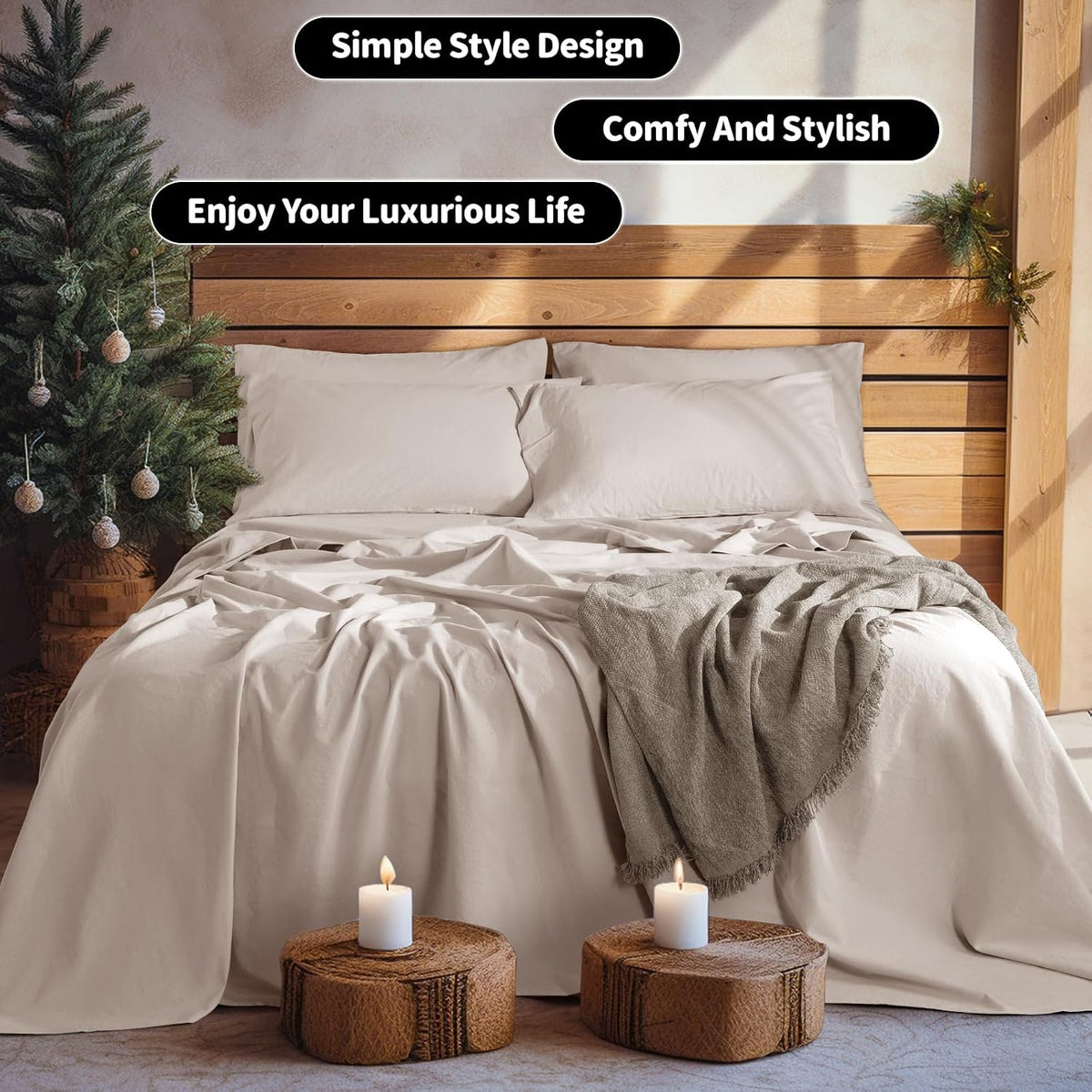 LBRO2M 100% Pure Linen Sheet Set Deep Pocket Up to 16' Bed Sheets Sets, Natural Flax Beddings Soft, Breathable, Comfortable for All Seasons 6 Pcs Sheet Set Queen Size, Linen