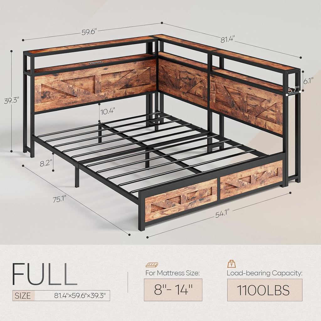 CIKUNASI Corner Full Size Bed Frame with Headboard and Storage Farmhouse Daybed Frame with LED Lights and Charging Station Metal Platform Bed Frame Full Size for Kids Corner Bed