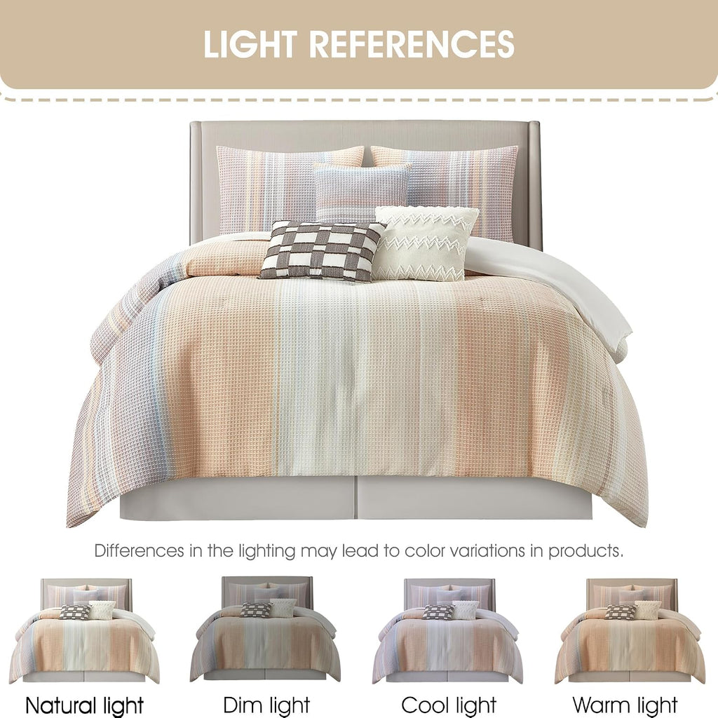 Grand Avenue Pink Waffle Jacquard Comforter Set King Size, 7 Piece Striped Bedding Set, All Season Home Decor, Matching Pillow Shams, Bedskirt, Decorative Pillows