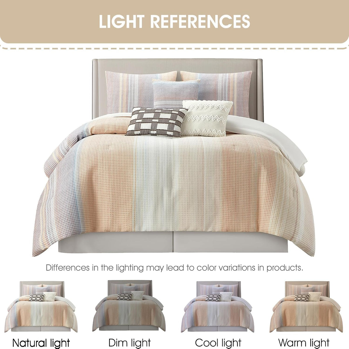Grand Avenue Pink Waffle Jacquard Comforter Set Queen Size, 7 Piece Striped Bedding Set, All Season Home Decor, Matching Pillow Shams, Bedskirt, Decorative Pillows