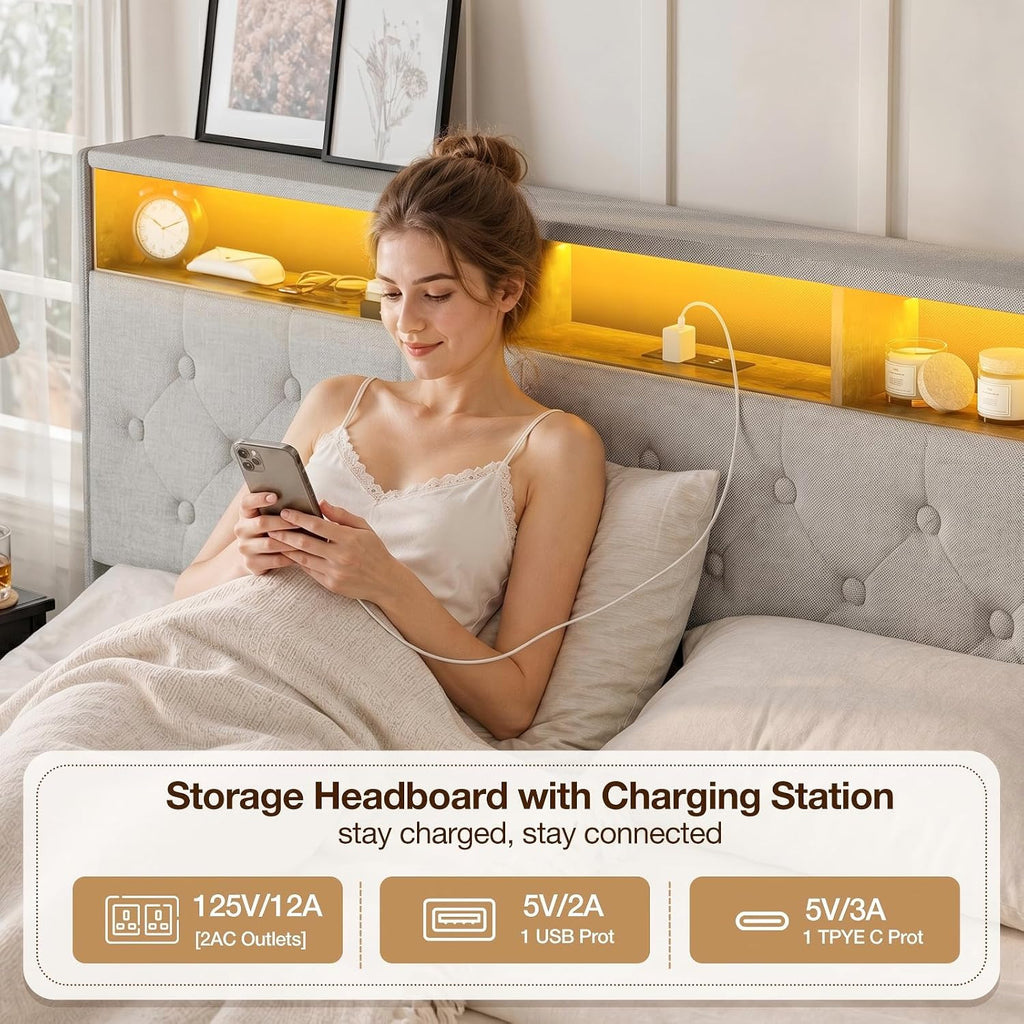 IKIFLY King Bed Frame with Hidden Storage Headboard, Upholstered King Size Storage Platform Bed with 4 Drawers & LED Lights, Type-C Charging Station, No Box Spring Needed, Noise Free, Light Grey