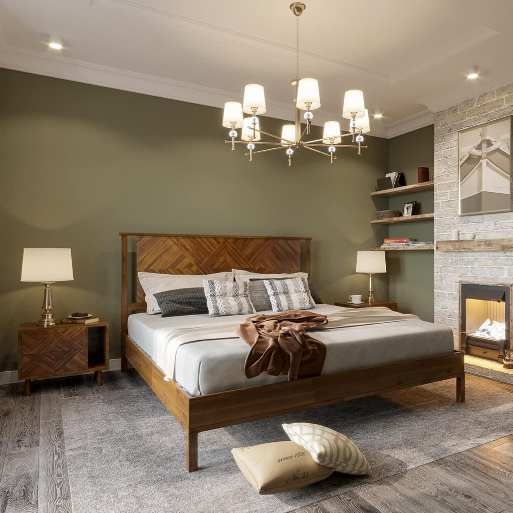Bme Ethan Solid Wood King Bed Frame with Diamond Headboard - Rustic & Mid-century Modern - Acacia Wood Platform Bed - Compatible with All Mattresses - No Box Spring Needed - Rustic Brown