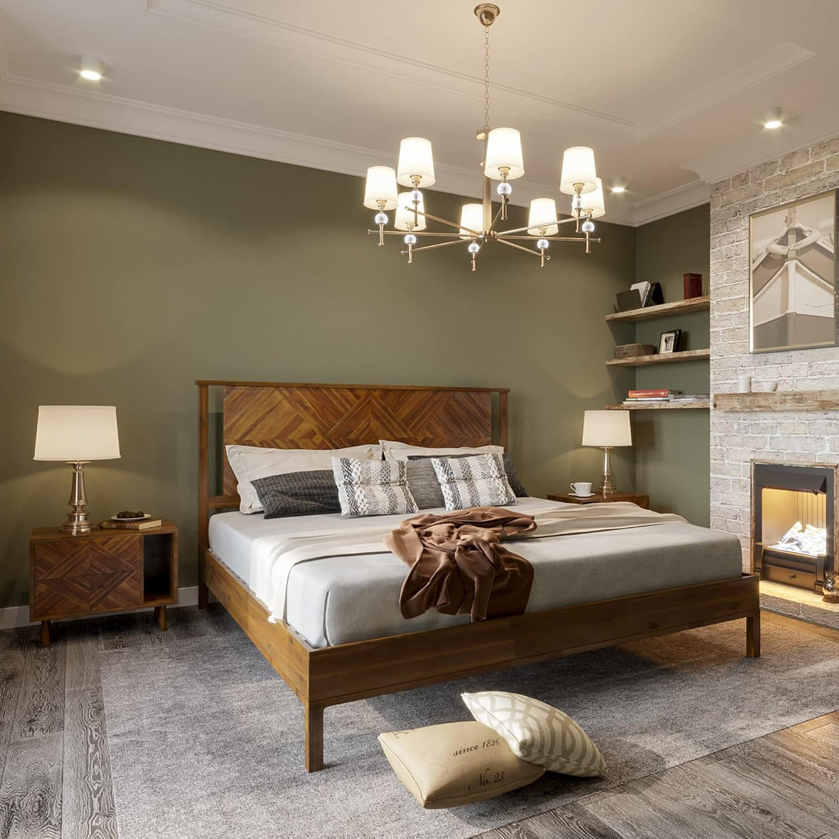 Bme Ethan Solid Wood King Bed Frame with Diamond Headboard - Rustic & Mid-century Modern - Acacia Wood Platform Bed - Compatible with All Mattresses - No Box Spring Needed - Rustic Brown