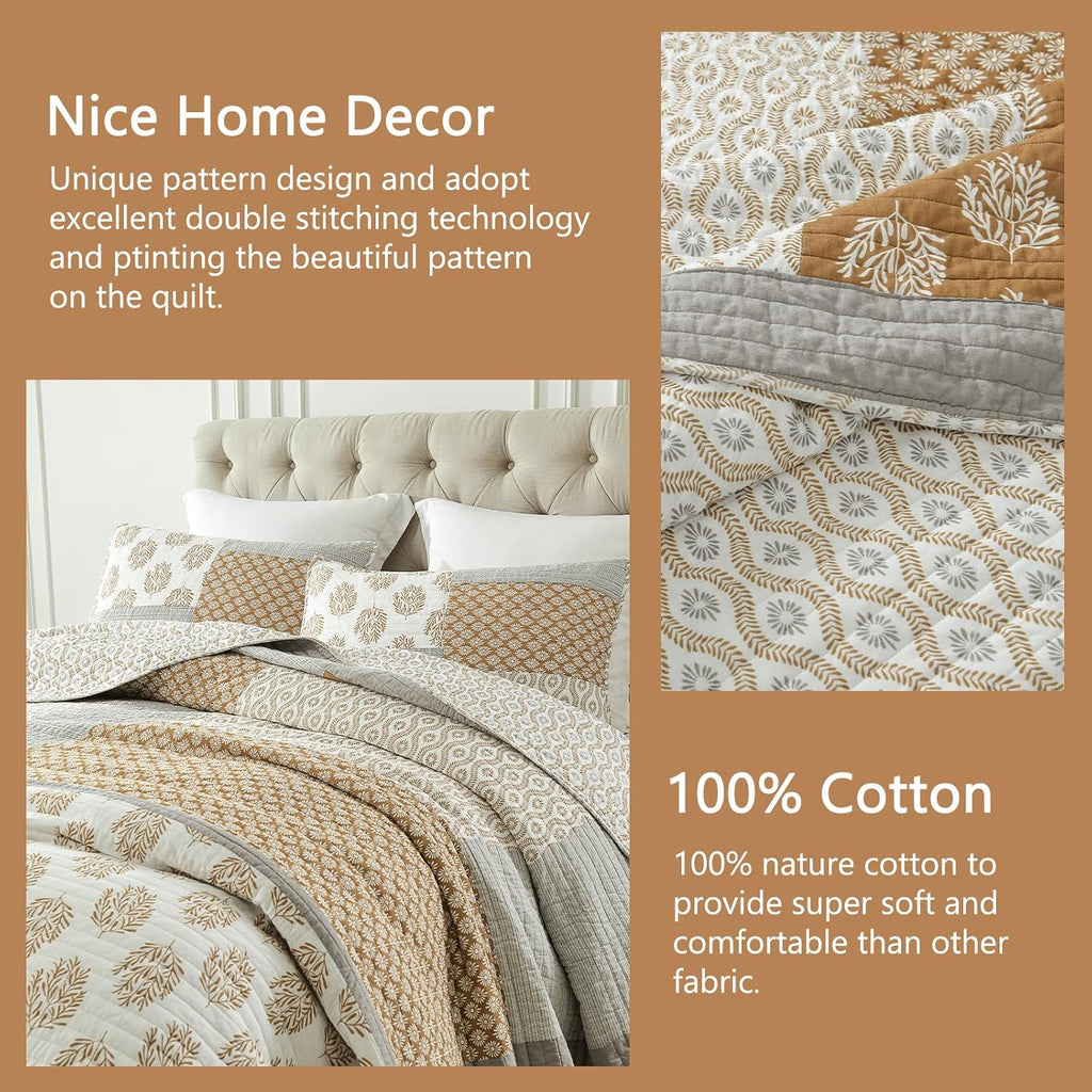 Finlonte Quilts Queen Size, 100% Cotton Queen Comforter Set, Brown Grey Farmhouse Quilted Bedspread, Patchwork Lightweight Reversible Quilt Bedding Set for Queen Bed, 3-Pieces