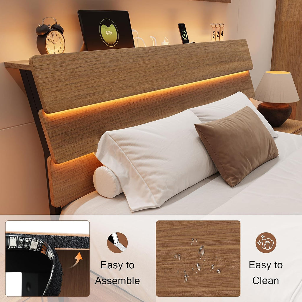 Einhomn Bed Frame Queen Size with Charging Station, Led Bed Frame with Wood Storage Headboard, Heavy Duty Metal Slats, No Box Spring Needed, Noise Free, Easy Assembly, Walnut